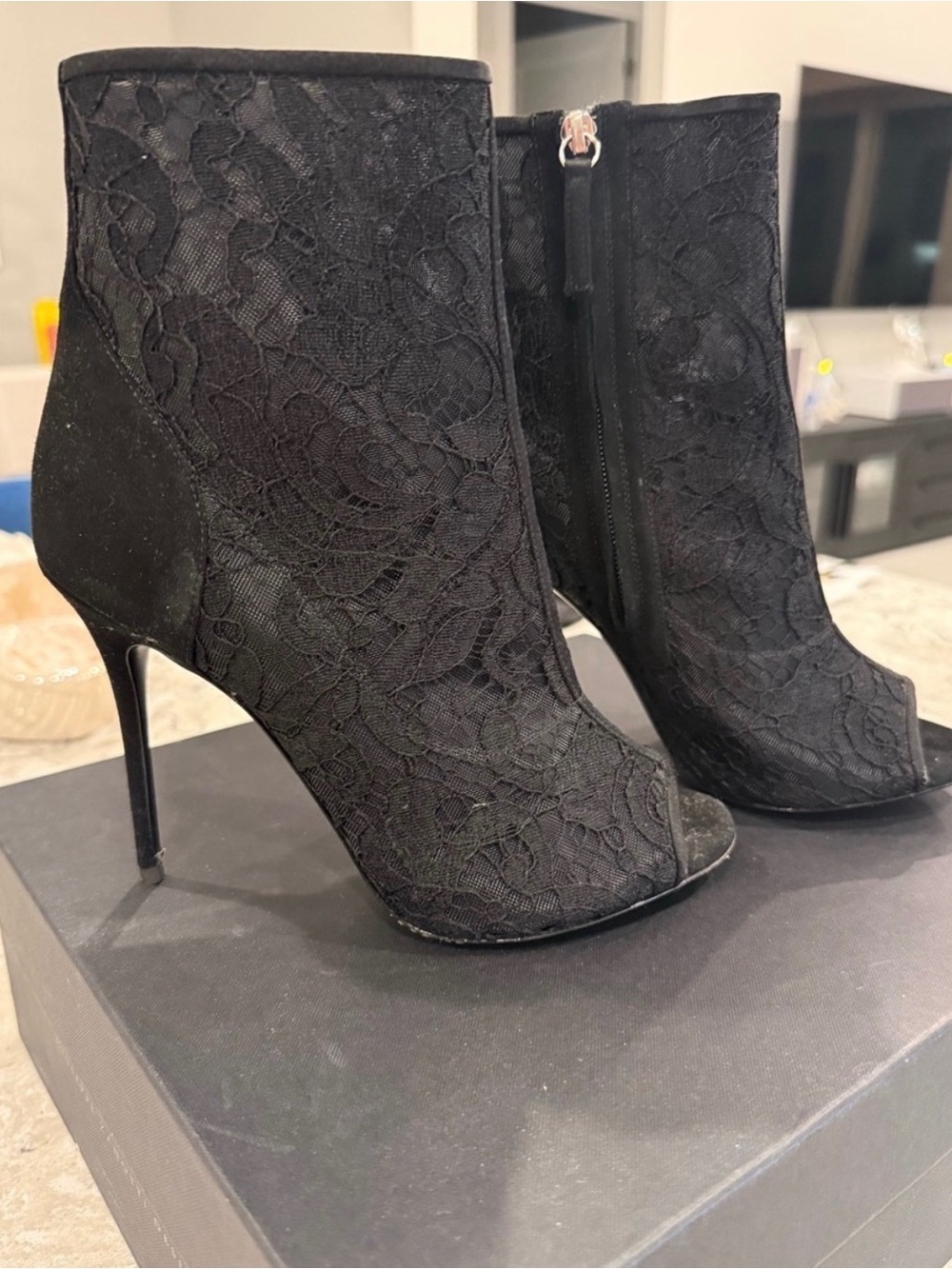 Giuseppe Zanotti Black Lace Peep-Toe Stiletto Ankle Boots size 8 and a half!!!!